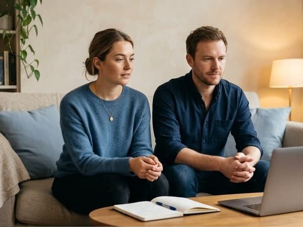 A couple in a video session with their therapist at home