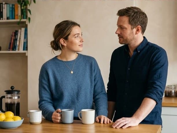 A couple talking in their kitchen
